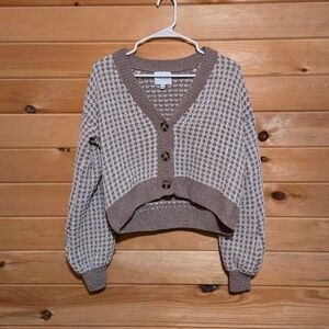 Women's Pink Rose Brown Checkered Button Front Cardigan Sweater Small